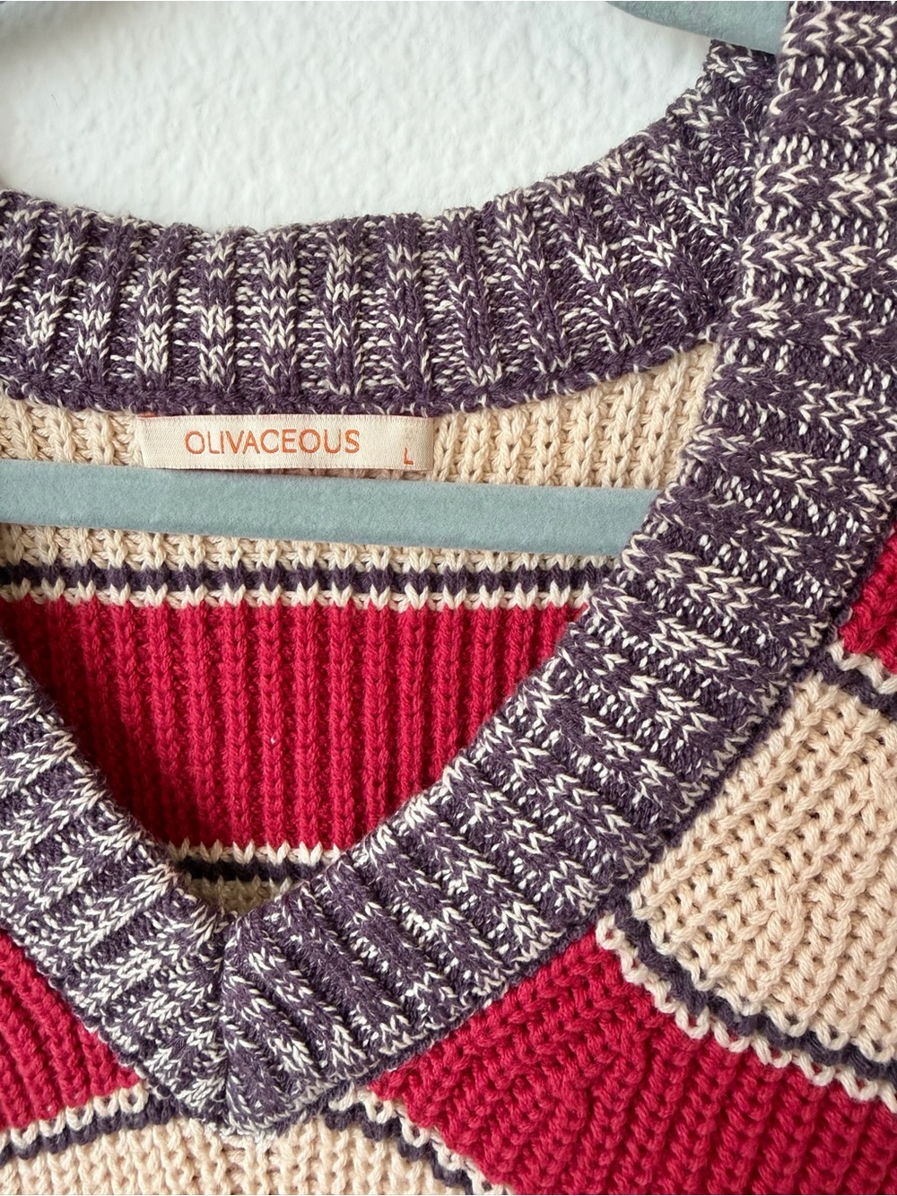 OLIVACEOUS Chunky Knit Striped Crop Vest, Preppy V-Neck, Red/Beige, L - Picture 3 of 8